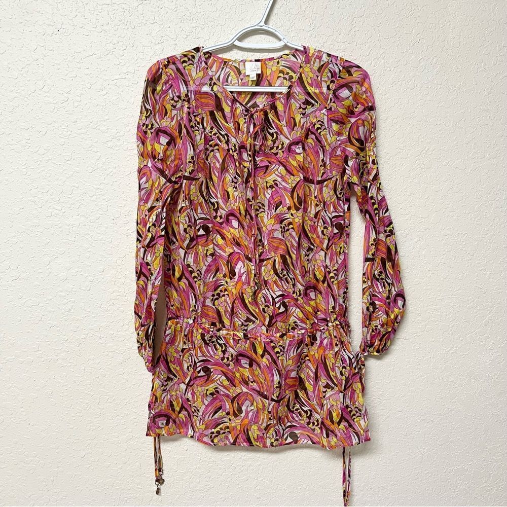 Milly Cabana Womens Cotton Colorful 70's Style Sheer Tie Cover Up Tunic Top Sz M